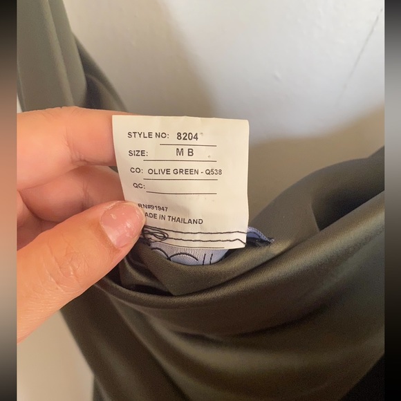 ASYMMETRICAL ONE-SHOULDER COWL MIDI SLIP DRESS IN OLIVE GREEN - Picture 9 of 9